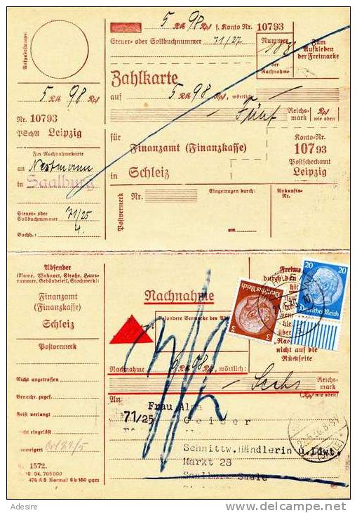 Nachnahme Beleg Zahlkarte Schleiz, 2 Fach Frankierung Hindenburg 1936, Mit Randstück - Gebraucht