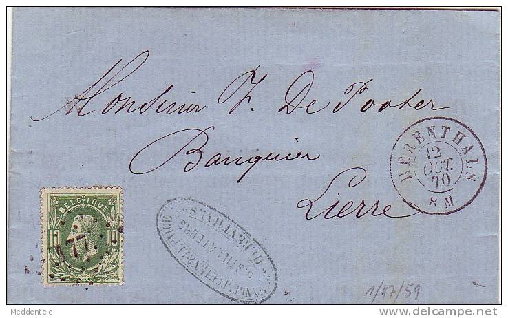 Lettre AC LII N°30 LP 177 De HERENTHALS Du 12/10/70 à LIERRE  - TB ET R - 1869-1883 Leopoldo II