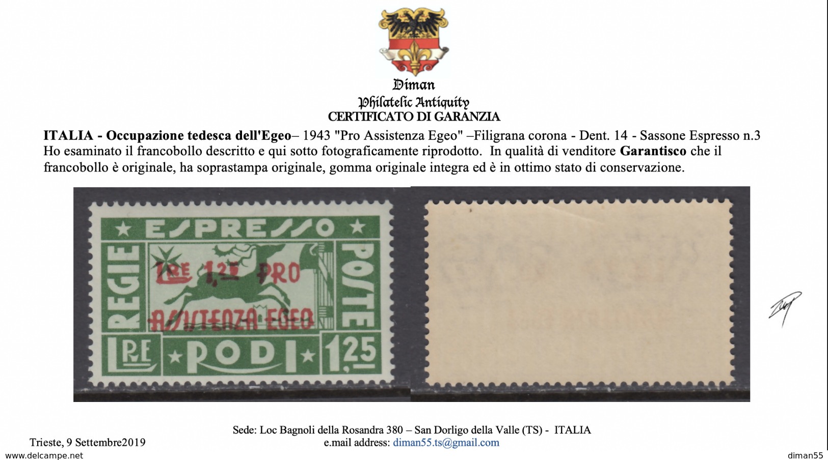 ITALY - EGEO OCC. TEDESCA  Exp. N.3 - Cat. 450 Euro - Con CERTIFICATO  GOMMA INTEGRA - MNH** - Aegean (German Occ.)