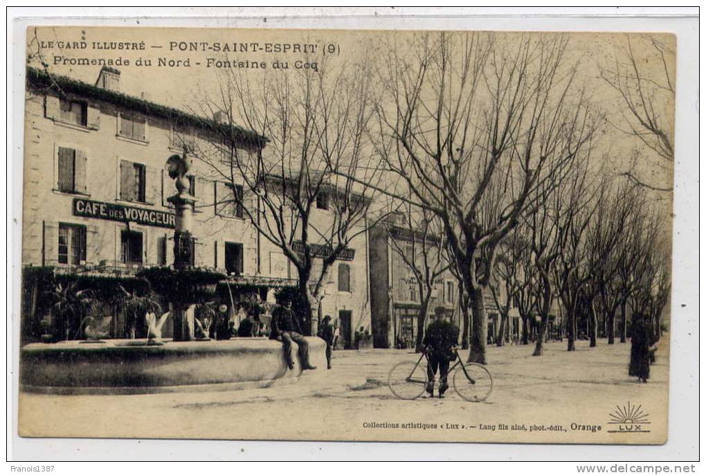 Ref 176 - PONT-SAINT-ESPRIT- Promenade Du Nord - Fontaine Du Coq - BELLE CARTE Animée De 1921 - Scan Du Verso - Pont-Saint-Esprit