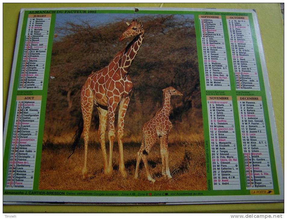 Almanach  Du Facteur 1992  LA POSTE - Meurthe Moselle N°54 - TIGRES - GIRAFES - Jean  Cartier Bresson - - Formato Piccolo : 1991-00