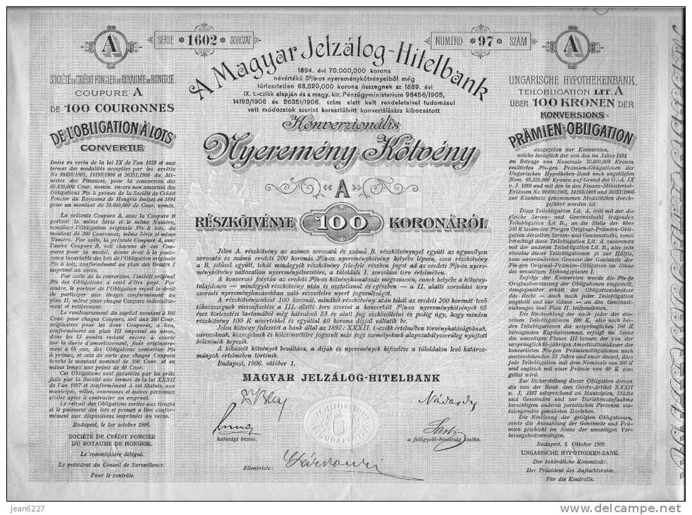 Magyar Hitelbank Bond - Obligation à Lots Hongroise - 100 Couronnes - Bank & Insurance