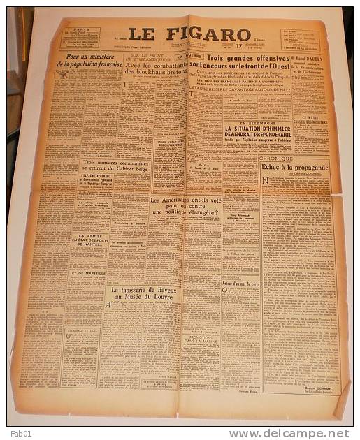 Journal Le Figaro Du 17 Novembre 1944(combattants Des Blockhaus Bretons) - Französisch