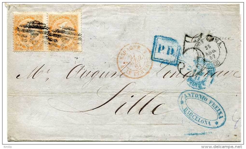 1867 Carta Con Franqueo De Doble Porte De Barcelona A Lille (Francia), Ed 89A (2). - Covers & Documents