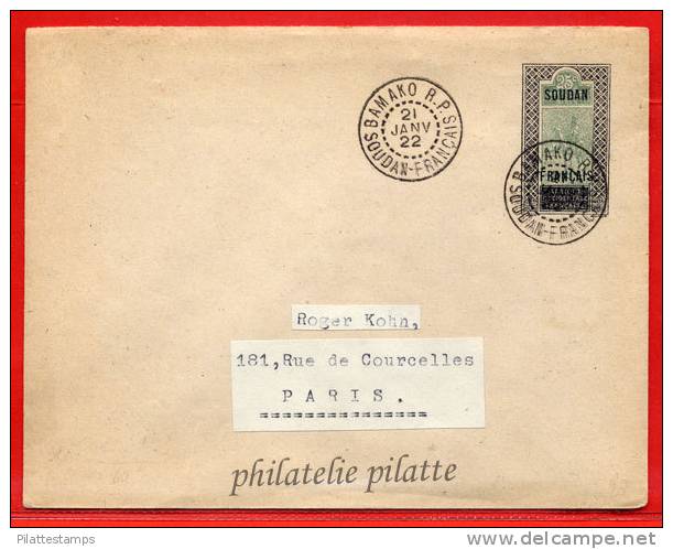 SOUDAN ENTIER POSTAL 25C DU 21/01/1922 DE BAMAKO POUR PARIS COVER - Altri & Non Classificati