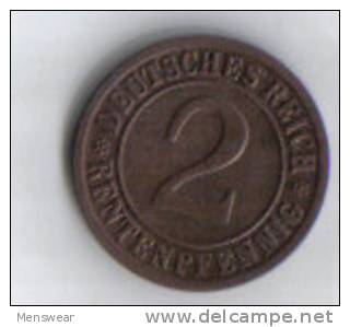 OLD GERMAN  2 REICHSPFENNING 1924D COIN - VF - - 2 Rentenpfennig & 2 Reichspfennig