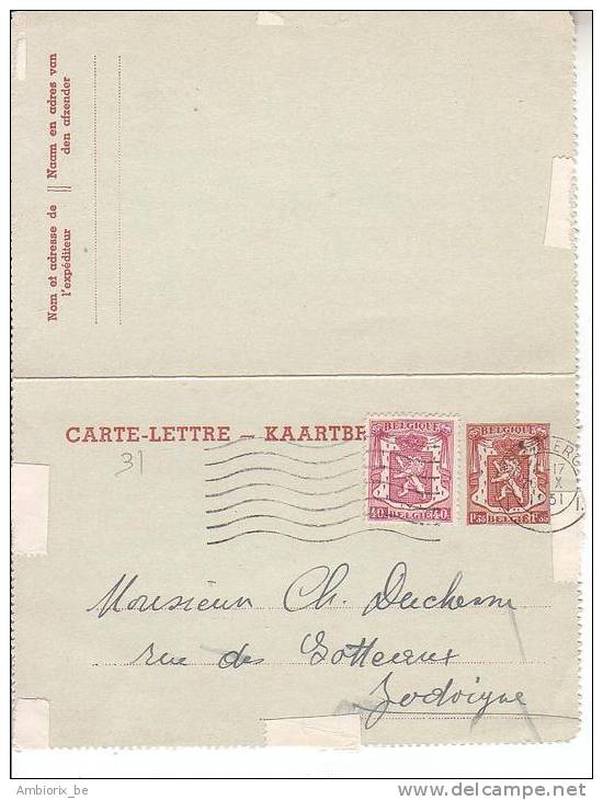 Carte Lettre N 30 I Oblitération Charleroi - Cartes-lettres