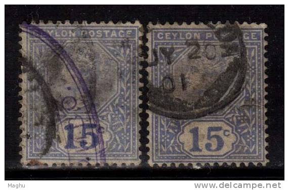 2 Diff., Shades, 15c  Blue 1899, Ceylon Used - Ceylan (...-1947)