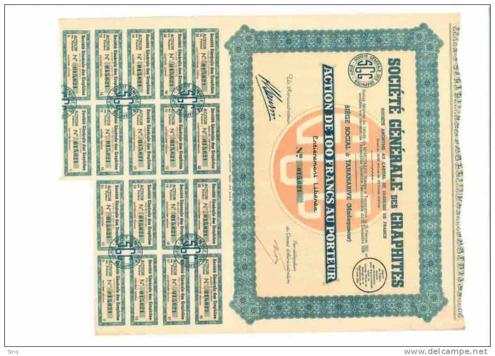 Société Générale Des Graphites - Action De 100 Francs - Le 1er Août 1931 - Afrique