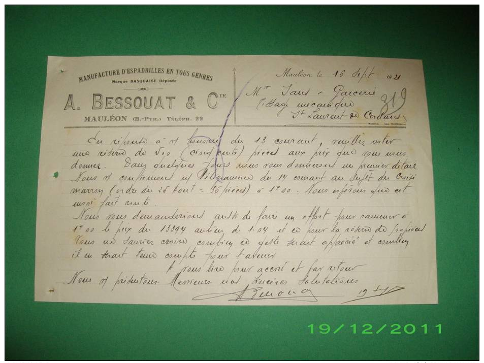 Entête Du 16/09/1921 BESSOUAT & Cie - Espadrilles SANS & GARCERIE St-Laurent-de-Cerdans - 1900 – 1949