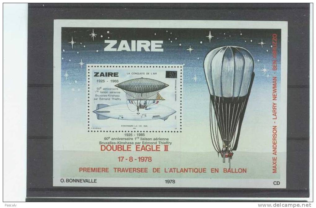 ZAIRE Bloc 59 Neuf ** MNH Liaison Sabena Bruxelles Kinshasa Ballon Dirigeable Surchargé Overprint Cote 75 Euro - Unused Stamps