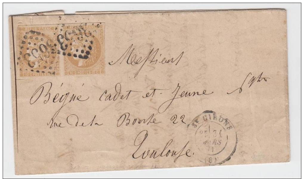 N° 43 X2 SUR LETTRE DE ST GIRONS POUR TOULOUSE MARS 1871 - 1871-1875 Cérès