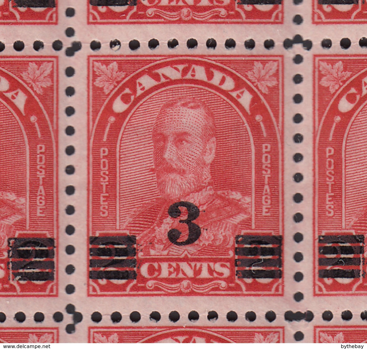 Canada Scott #191i MNH Block Of 9 With Extended Moustache Variety On Center Stamp - 3c Arch Provisional Issue - Unused Stamps