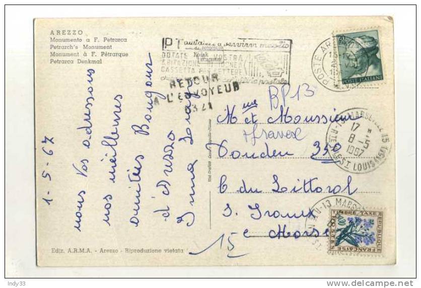 - FRANCE  . AFFRANCHISSEMENT SIMPLE SUR CP  DE 1967 D'ITALIE POUR LA FRANCE AVEC TIMBRE TAXE FLEUR . - 1960-.... Brieven & Documenten