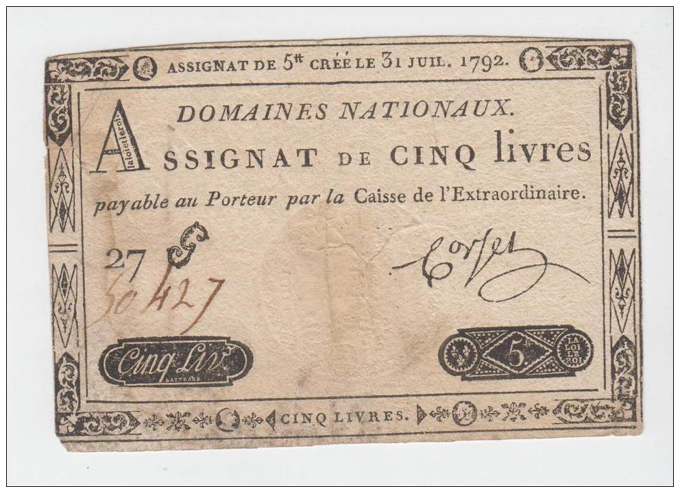 ASSIGNAT DE CINQ LIVRES Du 31 Juillet 1792 - Assignats