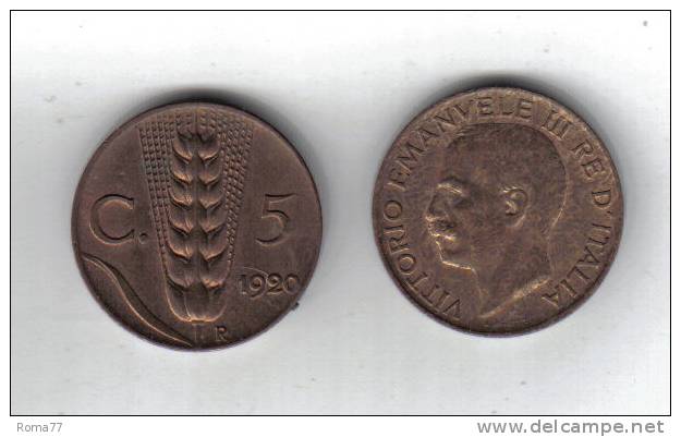 RedB - REGNO , 5 Cent RAME Del 1920 . Spiga - 1900-1946 : Vittorio Emanuele III & Umberto II