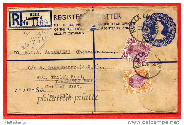 MALAISIE ENTIER POSTAL RECOMMANDE DU 02/10/1956 DE KUALA LUMPUR POUR CHITTOOR INDE COVER - Federation Of Malaya