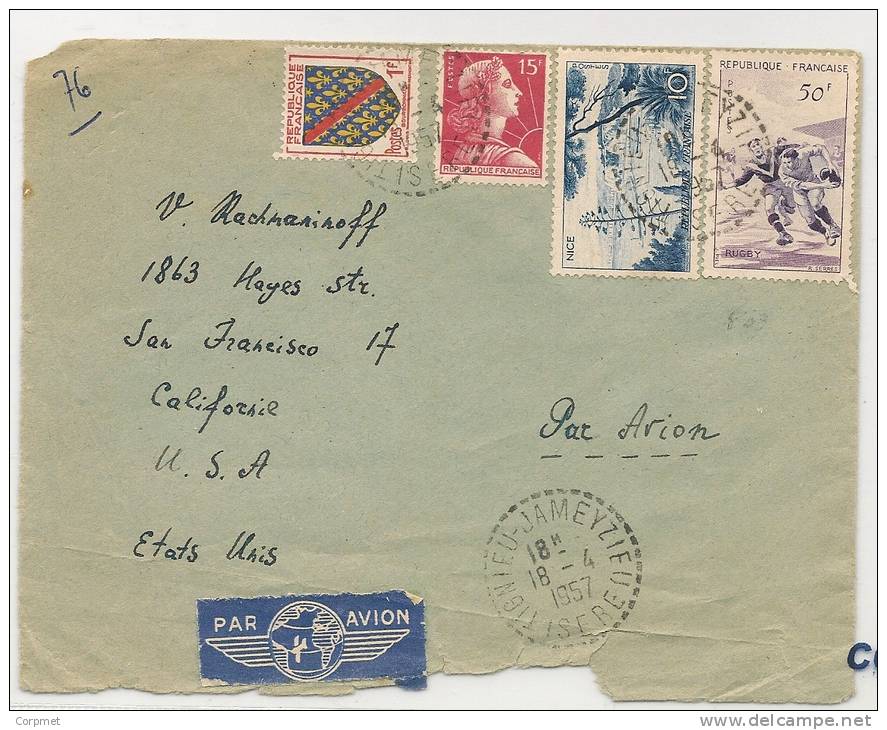 FRANCE - 1957 COVER (hardly Opened) Type Marianne De Muller # 1011 +1002+1038 + RUGBY  # 1074 - TIGNIEU  To USA - 1955-1961 Marianne Of Muller