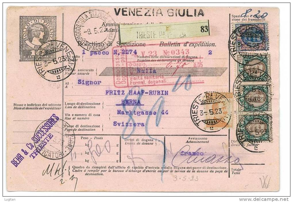 REGNO D'ITALIA -  BOLLETTINO PACCHI  DOMODOSSOLA PER LA SVIZZERA ANNO 1923  POSTAL HISTORY  VEDI DETTAGLI - SEE DETAILS - Storia Postale