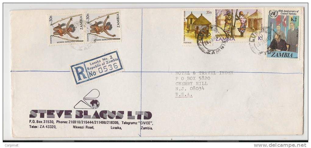 ZAMBIA - VF 1986 REGISTERED COVER From LUSAKA To CHERRY HILL - UNO Stamp + 4 Etnhics Stamps - Zambia (1965-...)