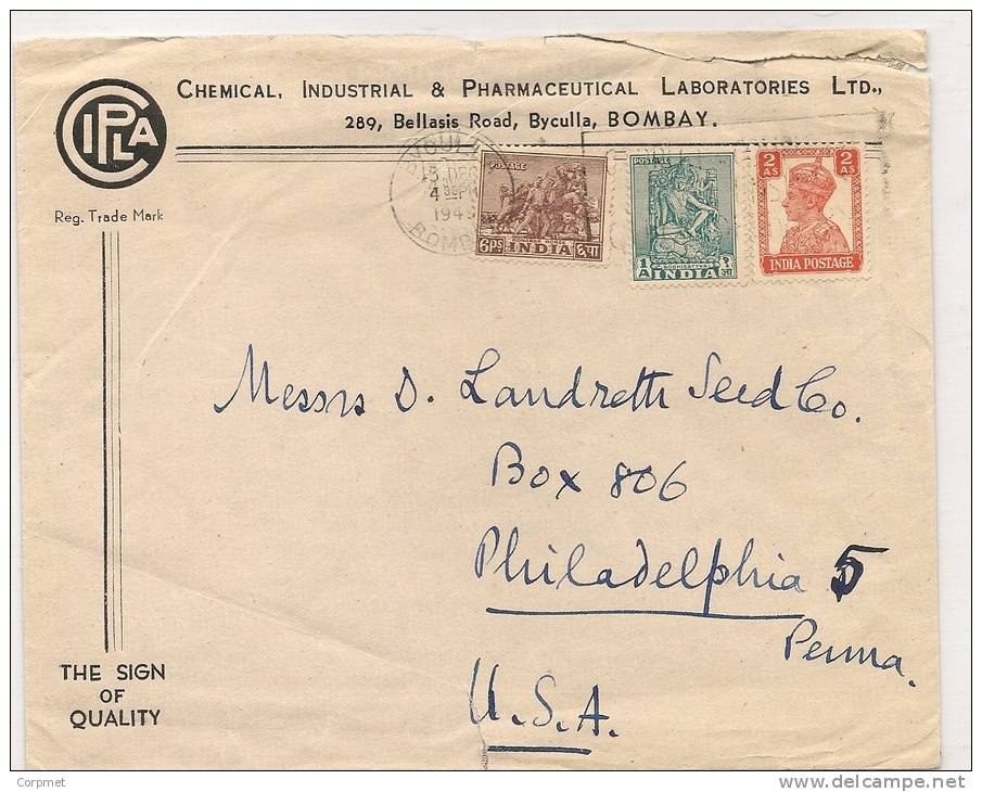 INDIA - VF And TRICOLOR 1949 COVER From BOMBAY To PHILADELPHIA - Brieven En Documenten