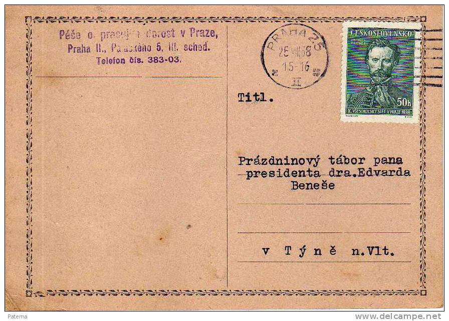 Tarjeta Praha 1938 Checoslovaquia, - Covers & Documents