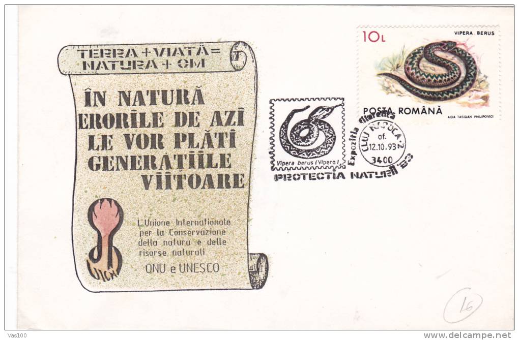 SNAKE, SERPANT, 1993, SPECIAL COVERS, OBLITERATION STAMPS CONCORDANTE, UNESCO, ROMANIA - Serpenti