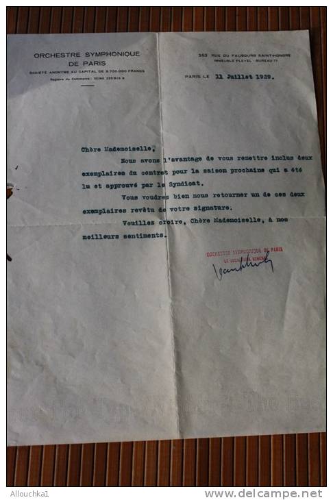 11-7-1929 LETTRE DE ORCHESTRE SYMPHONIQUE DE PARIS RUE FB ST HONNORE PROPOSITION DE CONTRAT  LU ET APPROUVE PAR SYNDICAT - Sonstige & Ohne Zuordnung