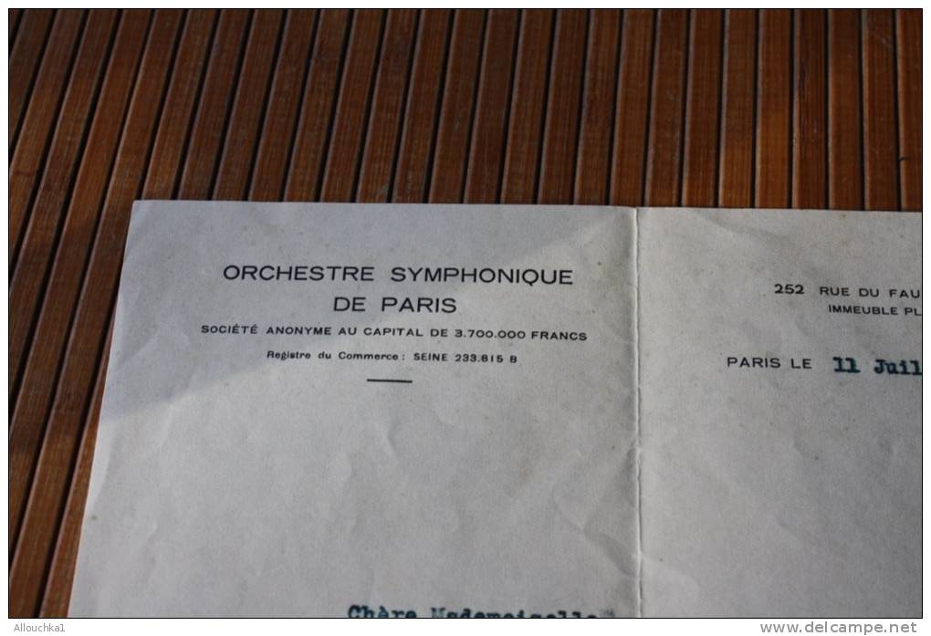 11-7-1929 LETTRE DE ORCHESTRE SYMPHONIQUE DE PARIS RUE FB ST HONNORE PROPOSITION DE CONTRAT  LU ET APPROUVE PAR SYNDICAT - Sonstige & Ohne Zuordnung