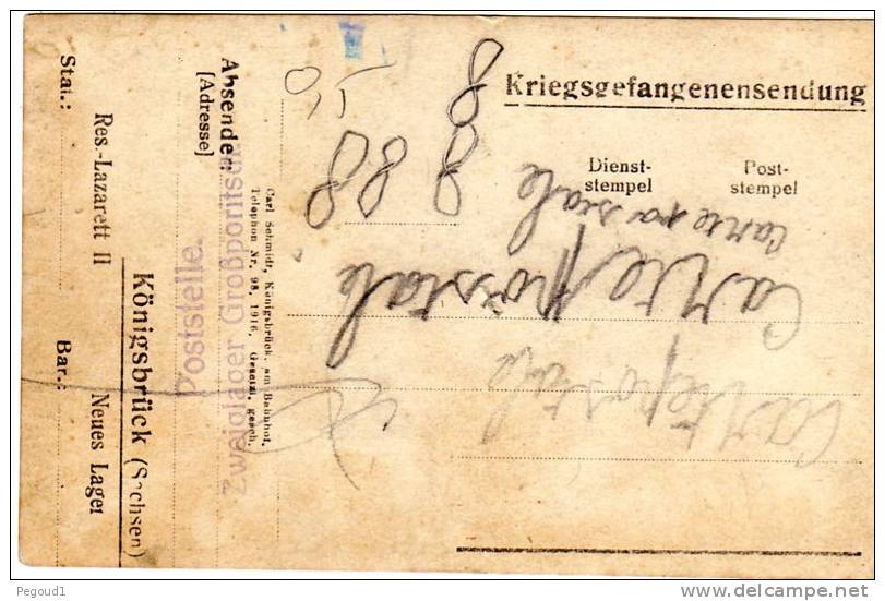 CARTE POSTALE . KONIGSBRUCK. KRIEGSGEFANGENENSENDUNG. CORRESPONDANCE PRISONNIER GUERRE.LA CHAPELLE - Koenigsbrueck