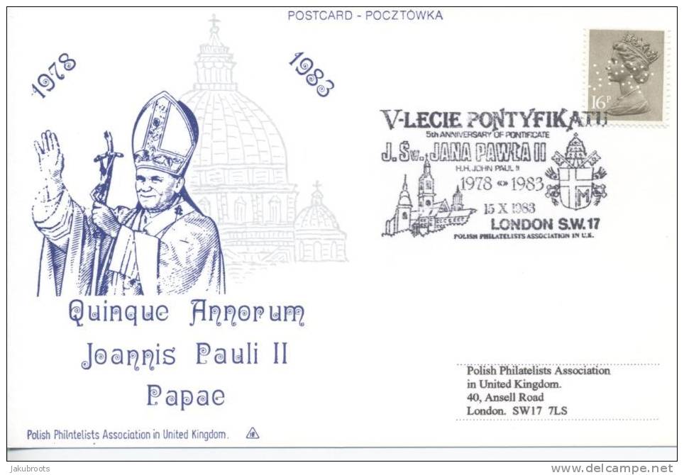 POSTCARD   V-th.  ANNIVERSARY  OF  PONTIFICATE  OF  POPE  JOHN  PAUL  II  1978-1983 - Perfins