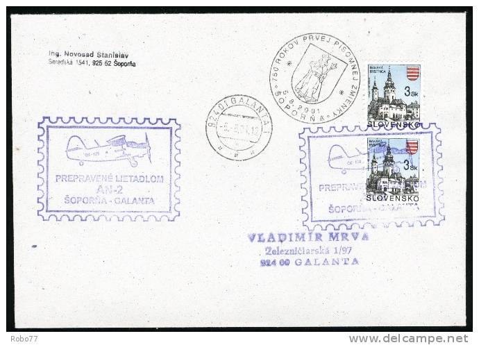 2001 Slovakia Coverl. Flight Soporna - Galanta. 750 Rokov Prvej Písomnej Zmienky Soporna 5.8.2001.  (J01044) - Briefe