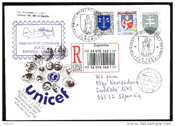 2001 Slovakia.  Registered Airmail Cover, Letter. Flight Soporna - Galanta.   (J01059) - Covers & Documents