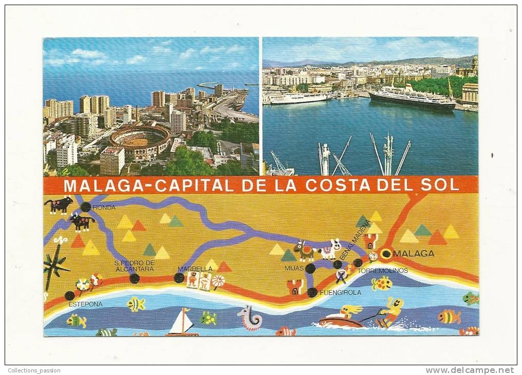 Cp, Carte Géographique, Malaga, Costa Del Sol (Espagne), Multi-Vues, écrite - Carte Geografiche