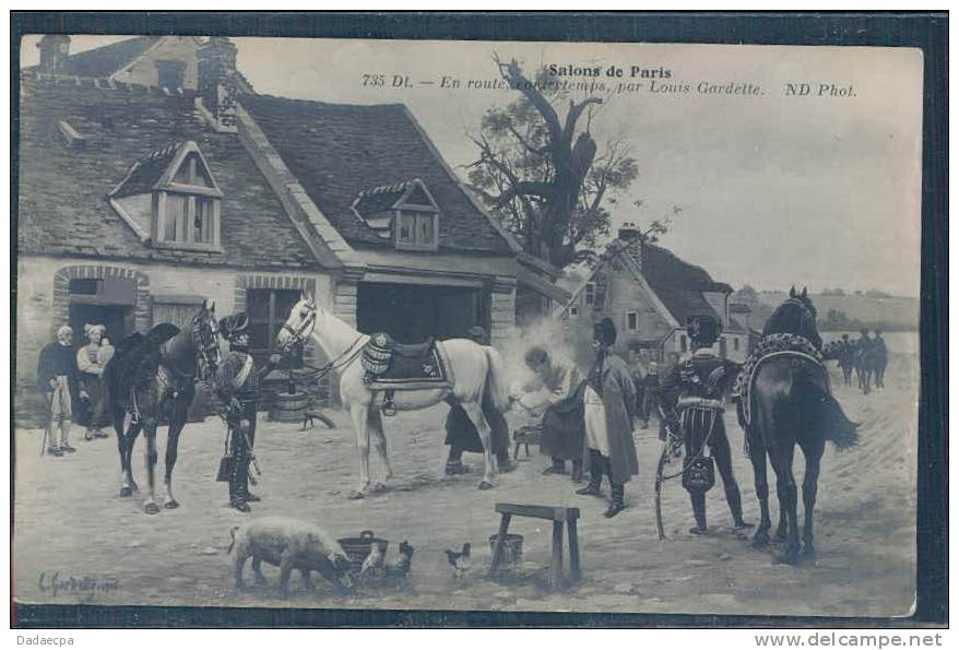 Métiers, En Route, Contretemps, Par Louis Gardette, Chevaux, Maréchal-Ferrant, Soldats, Cochon, Poules, Animée, - Profesiones