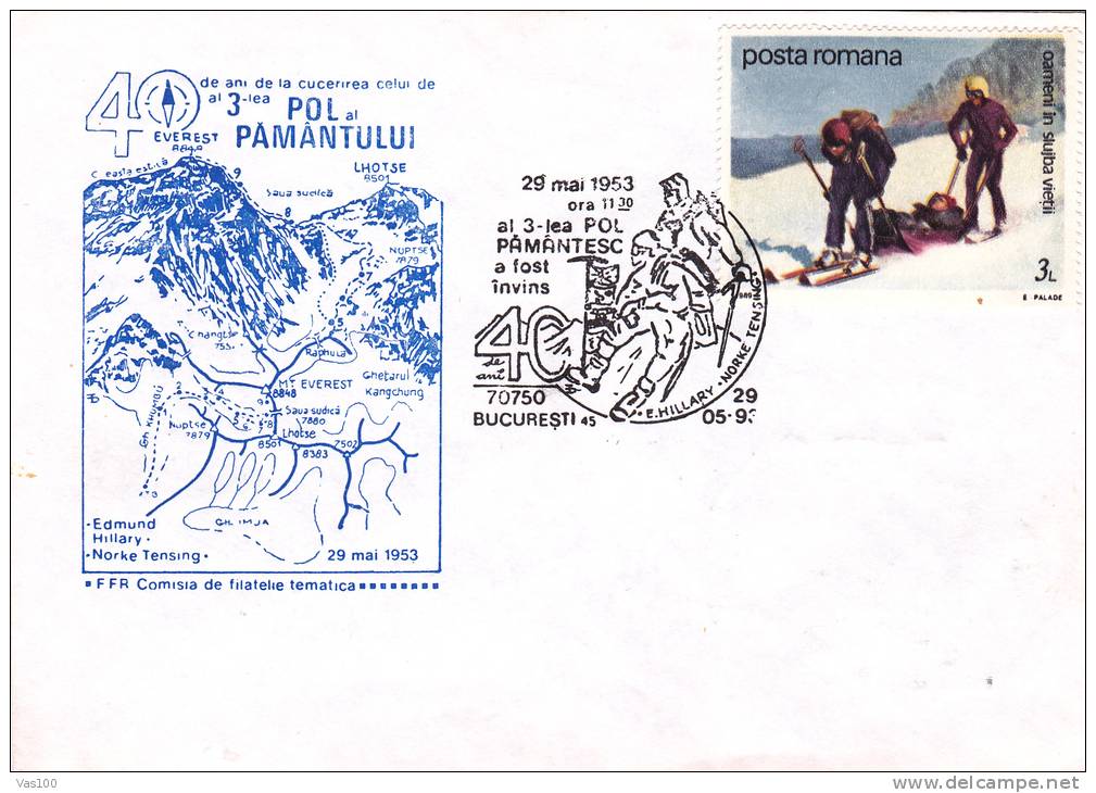 ESCALADE,CLIMBING EVEREST,EDMUND HILLARY,NORKE TENSING EXPEDITION 1953,SPECIAL COVER 1993 ROMANIA. - Escalada