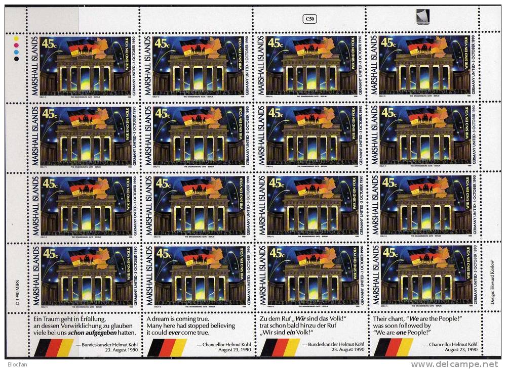 Einheit Von Deutschland 1990 Marschall-Inseln 320TAB 16-KB ** 32€ Brandenburger Tor Mauer Ist Offen Sheetlet Of Marshall - Marshallinseln