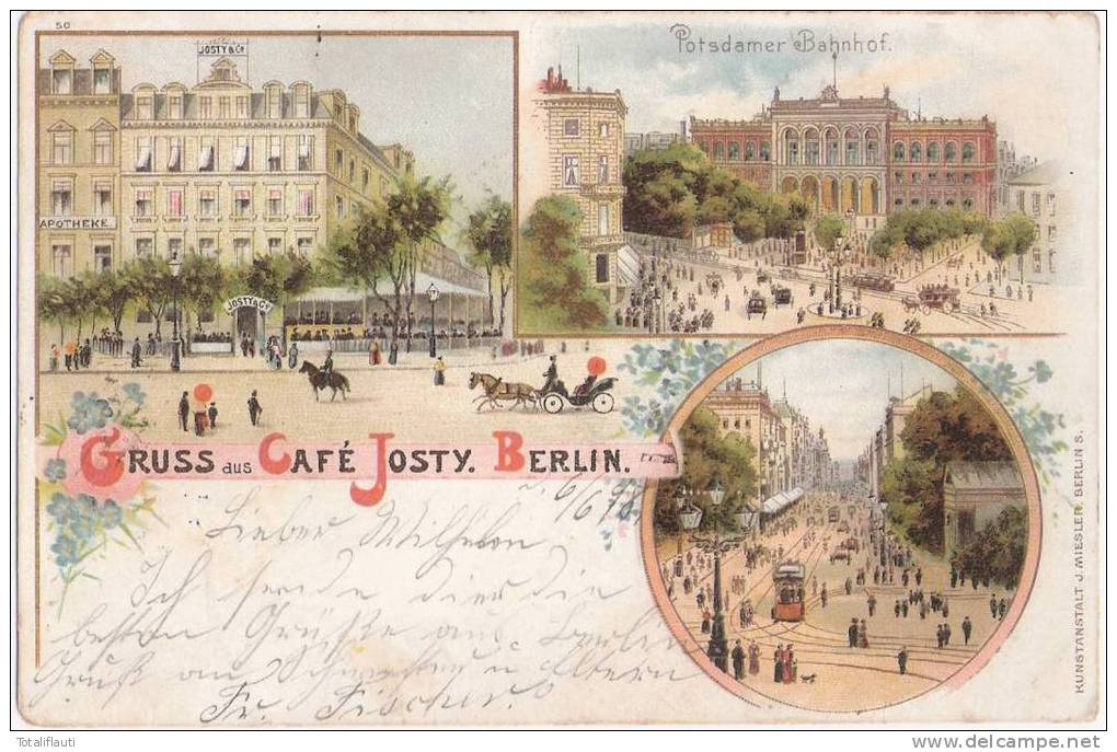 Berlin Gruss Aus Cafe JOSTY & Co APOTHEKE Potsdamer Bahnhof Color Litho 6.6.1898 Gelaufen - Kreuzberg
