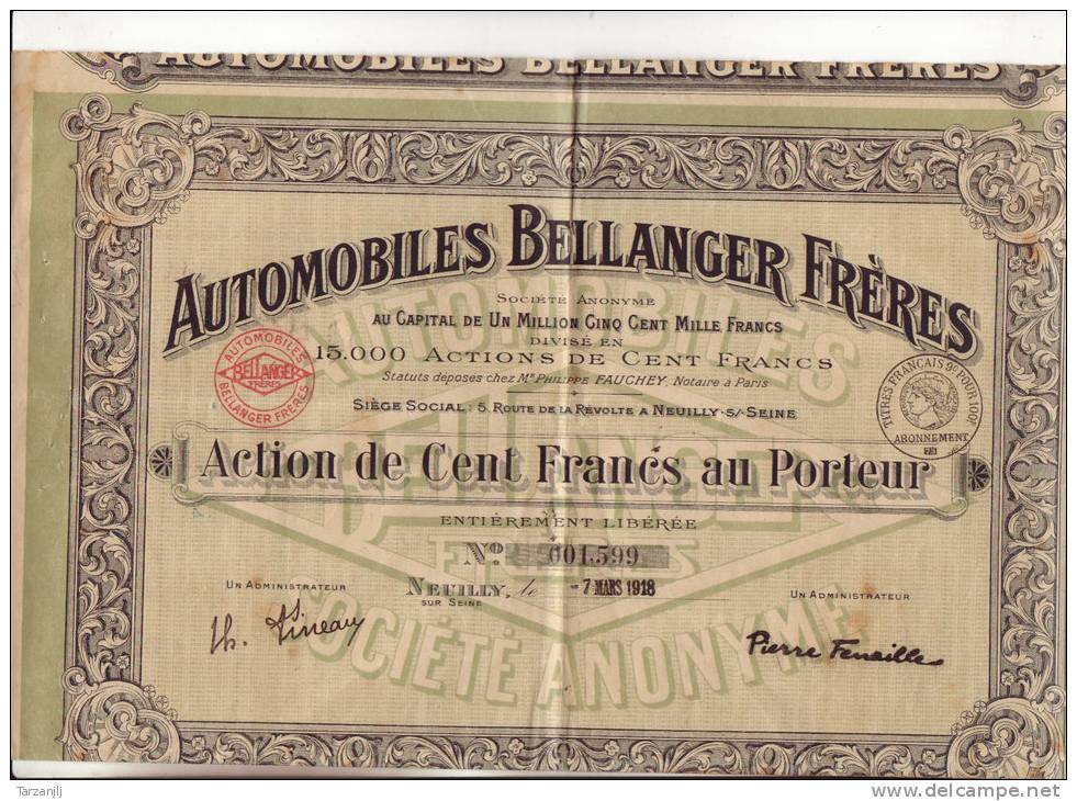 Action Au Porteur De 1918  " Automobiles Bellanger Frères" - Automobile