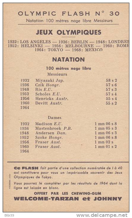 NATATION.  100 M Nage Libre Messieurs - Dames.  _  JEUX  OLYMPIQUES  Tokyo 1964. Pub  XELCOME-TARZAN Chewing-gum - Natation