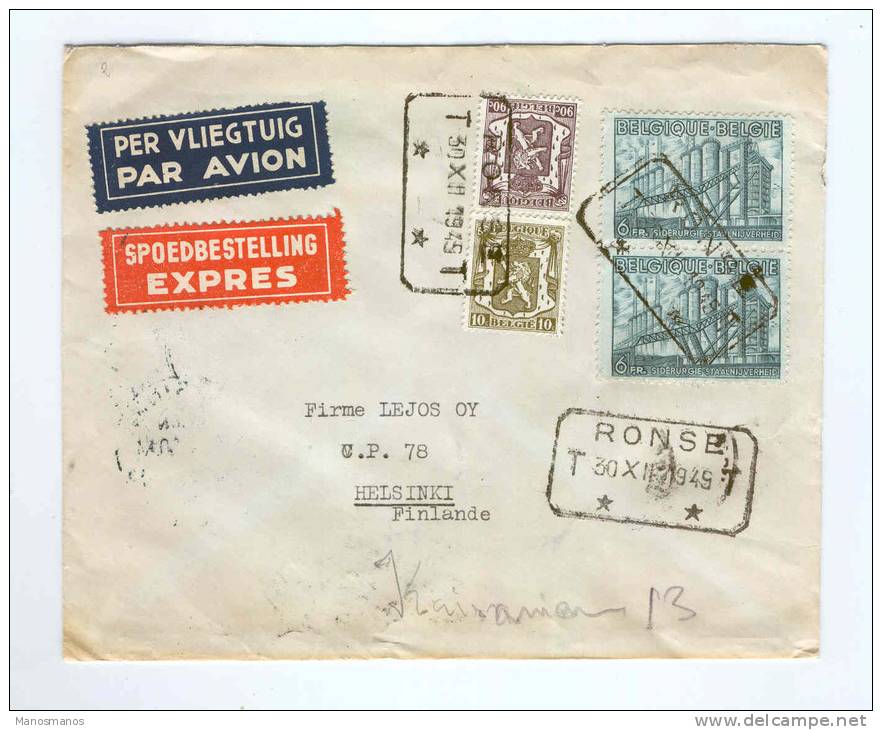 301/18 - Lettre AVION Et EXPRES TP Exportation Cachet RONSE TT 1949 Vers HELSINKI Finlande - TARIF 13 F - 1948 Exportation