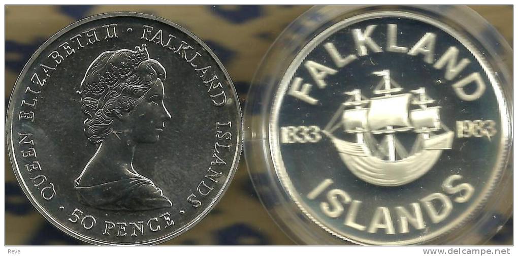 FALKLAND ISLANDS 50 PENCE 150YEARS OF BRITISH SHIP FRONT QEII BACK 1983 SILVER PROOF KM?READ DESCRIPTION CAREFULLY !!! - Falkland Islands