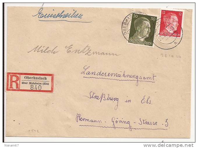 V542 - OBERHASLACH - 1944 - Recommandé  Au Tarif 42 Pfennig - OBERHASLACH  - - Lettres & Documents