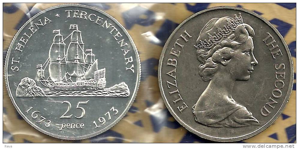 SAINT HELENA ISLAND 25 PENCE SHIP 300 YEARS  FRONT QEII HEAD BACK 1973 SILVER PROOF READ DESCRIPTION CAREFULLY!! - St. Helena