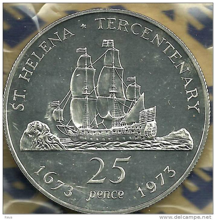 SAINT HELENA ISLAND 25 PENCE SHIP 300 YEARS  FRONT QEII HEAD BACK 1973 SILVER PROOF READ DESCRIPTION CAREFULLY!! - Saint Helena Island