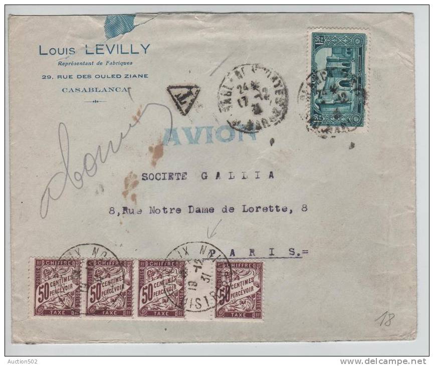 Maroc Lettre Avion Gff T C.Casablanca En 1931 V.Paris Taxée 2 F Par TTx 50c Dont Interpanneau 525 - 1859-1959 Lettres & Documents