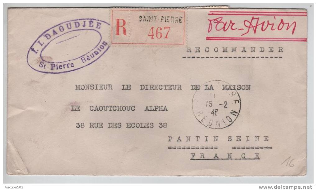 Reunion Lettre Recommandée Avion C.Saint-Pierre En 1948 V.Pantin France Seine 526 - Other & Unclassified