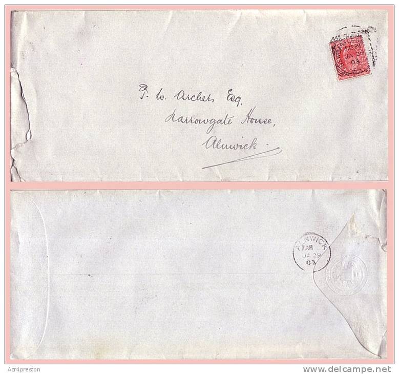 Cov031 GB 1903 Cover From Newcastle To Alnwick - Briefe U. Dokumente