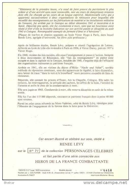 Résistance 6 " Héros De La France Combattante Renée LEVY "  Encart Illustré - Guerre Mondiale (Seconde)