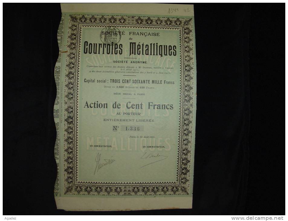 Action " Sté Française De Courroies Métalliques " Paris 1911. Industrie - Industrie